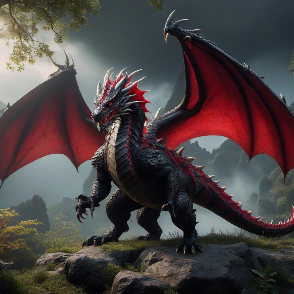  fairy tale Dragon born with red scales in black armor. . magical, fantastical, enchanting, storybook style, highly detailed, hkmagic hyperrealistic, full body, detailed clothing, highly detailed, cinematic lighting, stunningly beautiful, intricate, sharp focus, f/1. 8, 85mm, (centered image composition), (professionally color graded), ((bright soft diffused light)), volumetric fog, trending on instagram, trending on tumblr, HDR 4K, 8K