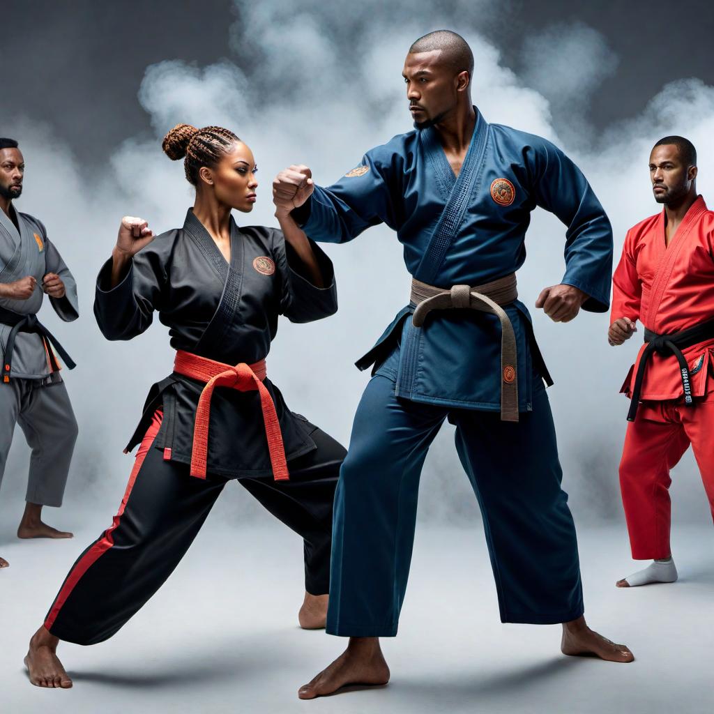  Create a vibrant and engaging image showcasing the principles of martial arts and the importance of acknowledging African American Martial Arts Masters. hyperrealistic, full body, detailed clothing, highly detailed, cinematic lighting, stunningly beautiful, intricate, sharp focus, f/1. 8, 85mm, (centered image composition), (professionally color graded), ((bright soft diffused light)), volumetric fog, trending on instagram, trending on tumblr, HDR 4K, 8K