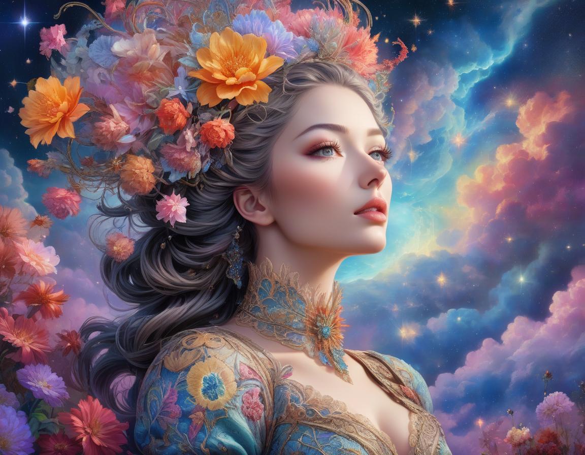  gothic style A digital artwork of a woman with flowers in her hair against a vibrant cosmic background with stars and nebulas. 1 stunningly beautiful young woman as the central figure, set against a mesmerizing multicolor galaxy cloud backdrop. The woman exudes a sense of wonder and grace, reminiscent of Josephine Wall's distinctive style. Her face is a flawless blend of mechanical precision and extraordinary beauty, with android like features intertwined with delicate flower elements. The overall composition is hyper detailed, drawing inspiration from the works of Ernst Haeckel and James Jean. The image is a masterpiece of generative art, incorporating elements of baroque aesthetics, intricate patterns, and fractalism. It captures a cinema hyperrealistic, full body, detailed clothing, highly detailed, cinematic lighting, stunningly beautiful, intricate, sharp focus, f/1. 8, 85mm, (centered image composition), (professionally color graded), ((bright soft diffused light)), volumetric fog, trending on instagram, trending on tumblr, HDR 4K, 8K