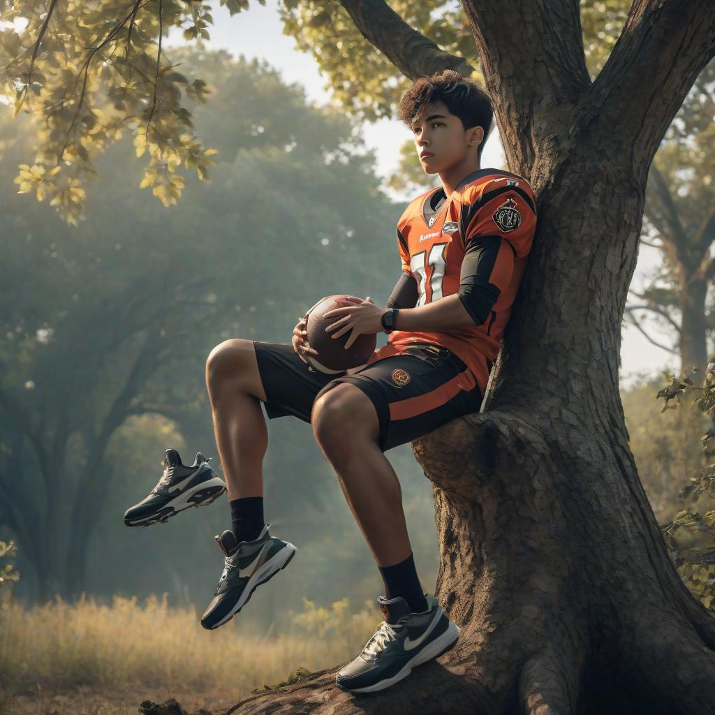  A boy in a football uniform is sitting on a tree, on the tree are hanging sneakers. hyperrealistic, full body, detailed clothing, highly detailed, cinematic lighting, stunningly beautiful, intricate, sharp focus, f/1. 8, 85mm, (centered image composition), (professionally color graded), ((bright soft diffused light)), volumetric fog, trending on instagram, trending on tumblr, HDR 4K, 8K