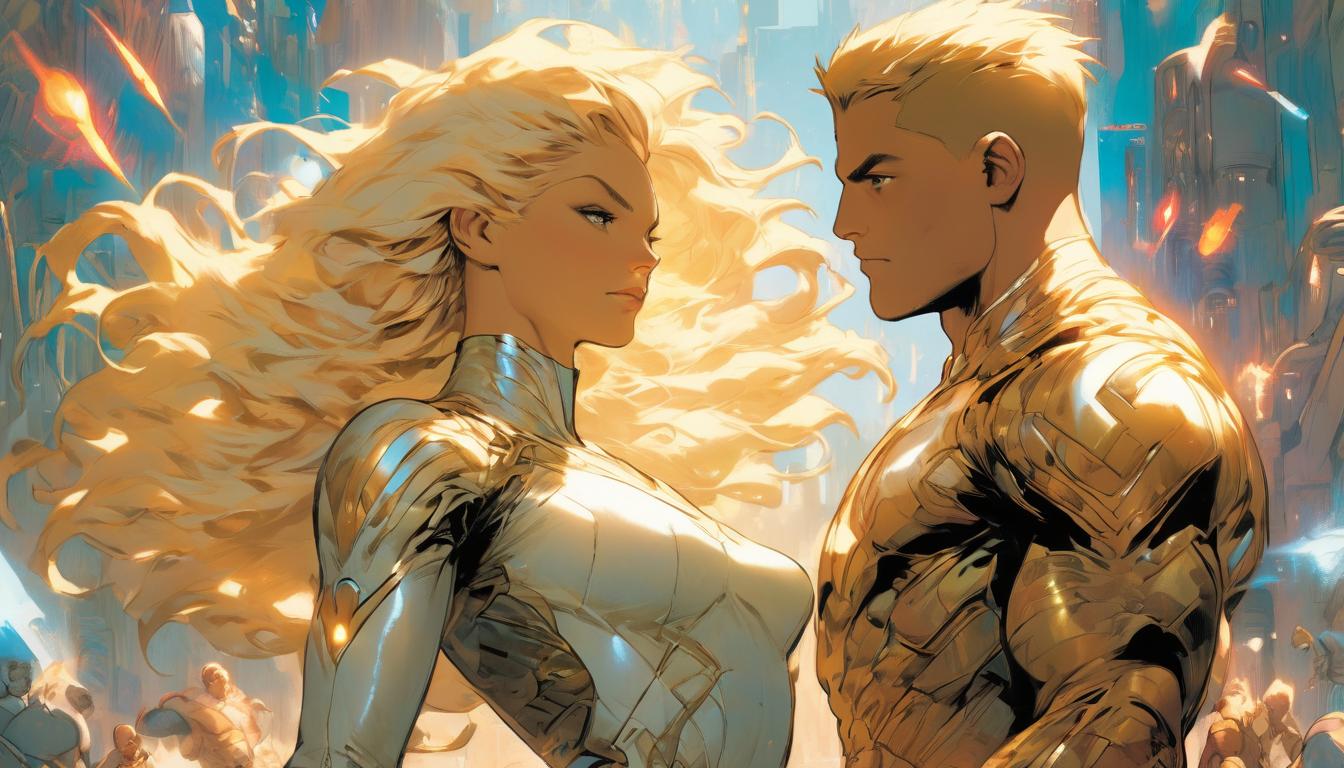  hyperrealism,fantasy aesthetic1man1woman, large busted attractive blonde arian female humanoid and handsome blonde male humanoid, aligning with Earth’s new vibrational energy, supportive cosmic forces, high tech clothing clad in sleek, futuristic costume with metallic accents and form fitting designs, marvel superhero comics style, unreal engine rendering