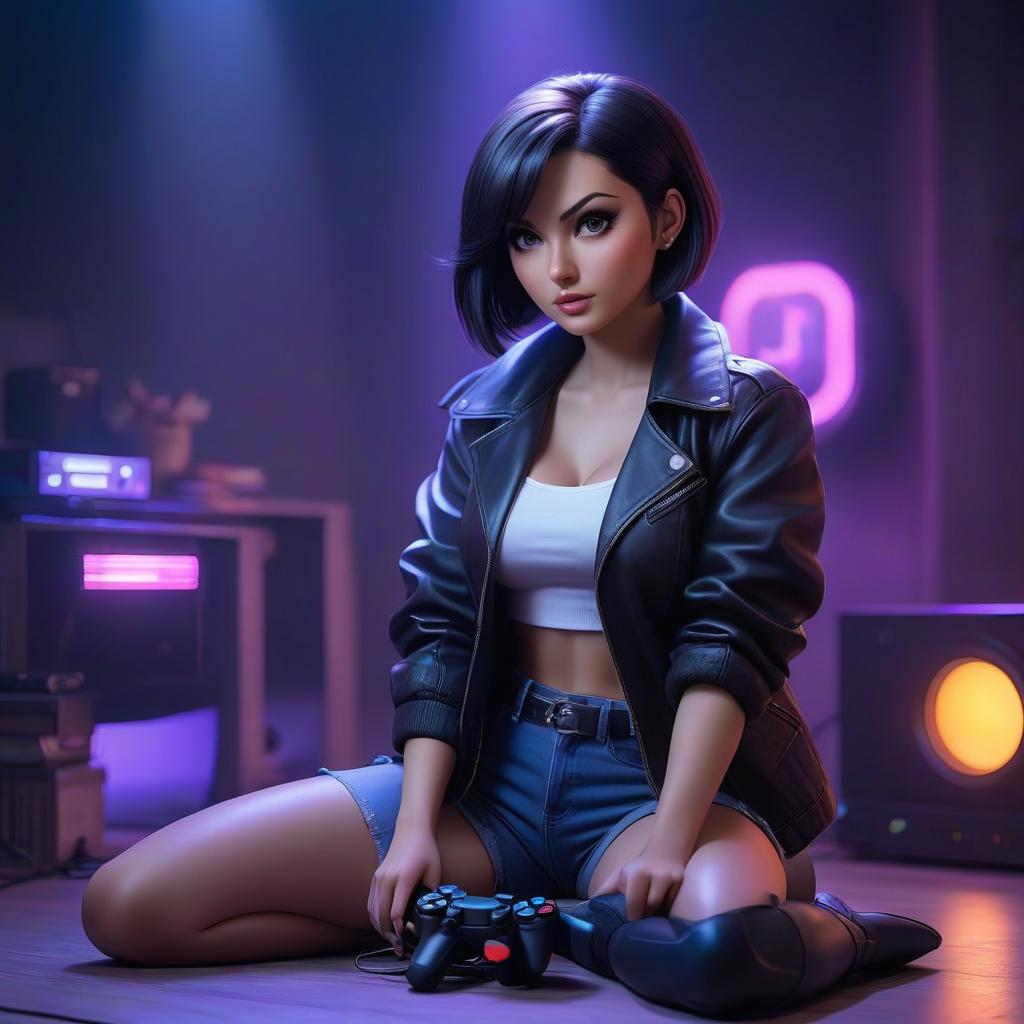  A girl with dark hair, a bobcut, sitting on the floor playing PlayStation, holding a joystick, under ultraviolet lighting, in a black coat, jeans shorts, and leather black jacket. hyperrealistic, full body, detailed clothing, highly detailed, cinematic lighting, stunningly beautiful, intricate, sharp focus, f/1. 8, 85mm, (centered image composition), (professionally color graded), ((bright soft diffused light)), volumetric fog, trending on instagram, trending on tumblr, HDR 4K, 8K