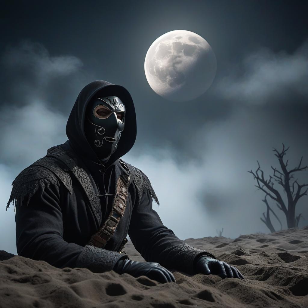  horror themed A man in a black mask falls from the moon. . eerie, unsettling, dark, spooky, suspenseful, grim, highly detailed hyperrealistic, full body, detailed clothing, highly detailed, cinematic lighting, stunningly beautiful, intricate, sharp focus, f/1. 8, 85mm, (centered image composition), (professionally color graded), ((bright soft diffused light)), volumetric fog, trending on instagram, trending on tumblr, HDR 4K, 8K