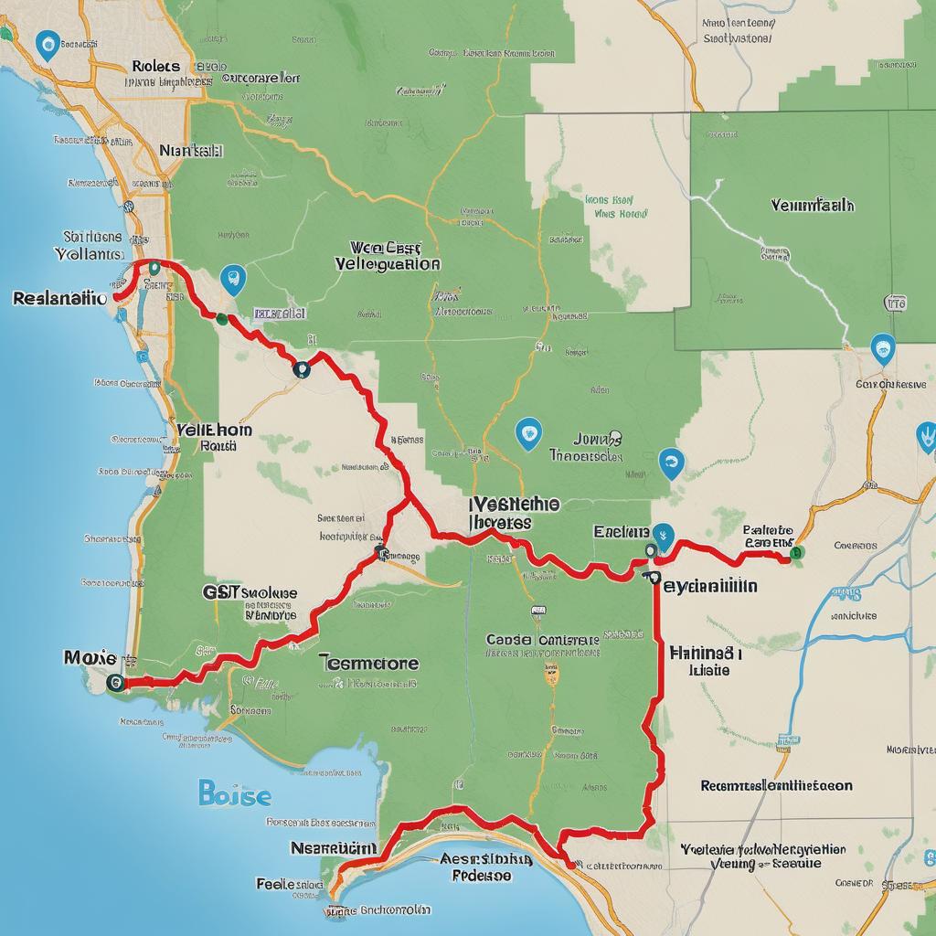  A detailed map showing the driving route from Boise, Idaho, to the West Entrance of Yellowstone National Park. Highlight major roads including I-84 East and US-20 East, passing through Idaho Falls and ending at West Yellowstone, Montana. Include labeled markers for Boise, Idaho Falls, and the West Entrance of Yellowstone. Use a clear, easy-to-read, realistic map style that provides an accurate depiction of the route. hyperrealistic, full body, detailed clothing, highly detailed, cinematic lighting, stunningly beautiful, intricate, sharp focus, f/1. 8, 85mm, (centered image composition), (professionally color graded), ((bright soft diffused light)), volumetric fog, trending on instagram, trending on tumblr, HDR 4K, 8K