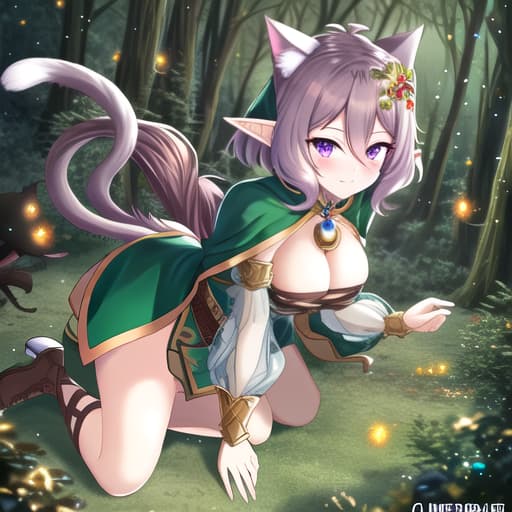  Cat girl, purple eyes, brown hair and elf costume, puff tail in a forest hyperrealistic, full body, detailed clothing, highly detailed, cinematic lighting, stunningly beautiful, intricate, sharp focus, f/1. 8, 85mm, (centered image composition), (professionally color graded), ((bright soft diffused light)), volumetric fog, trending on instagram, trending on tumblr, HDR 4K, 8K