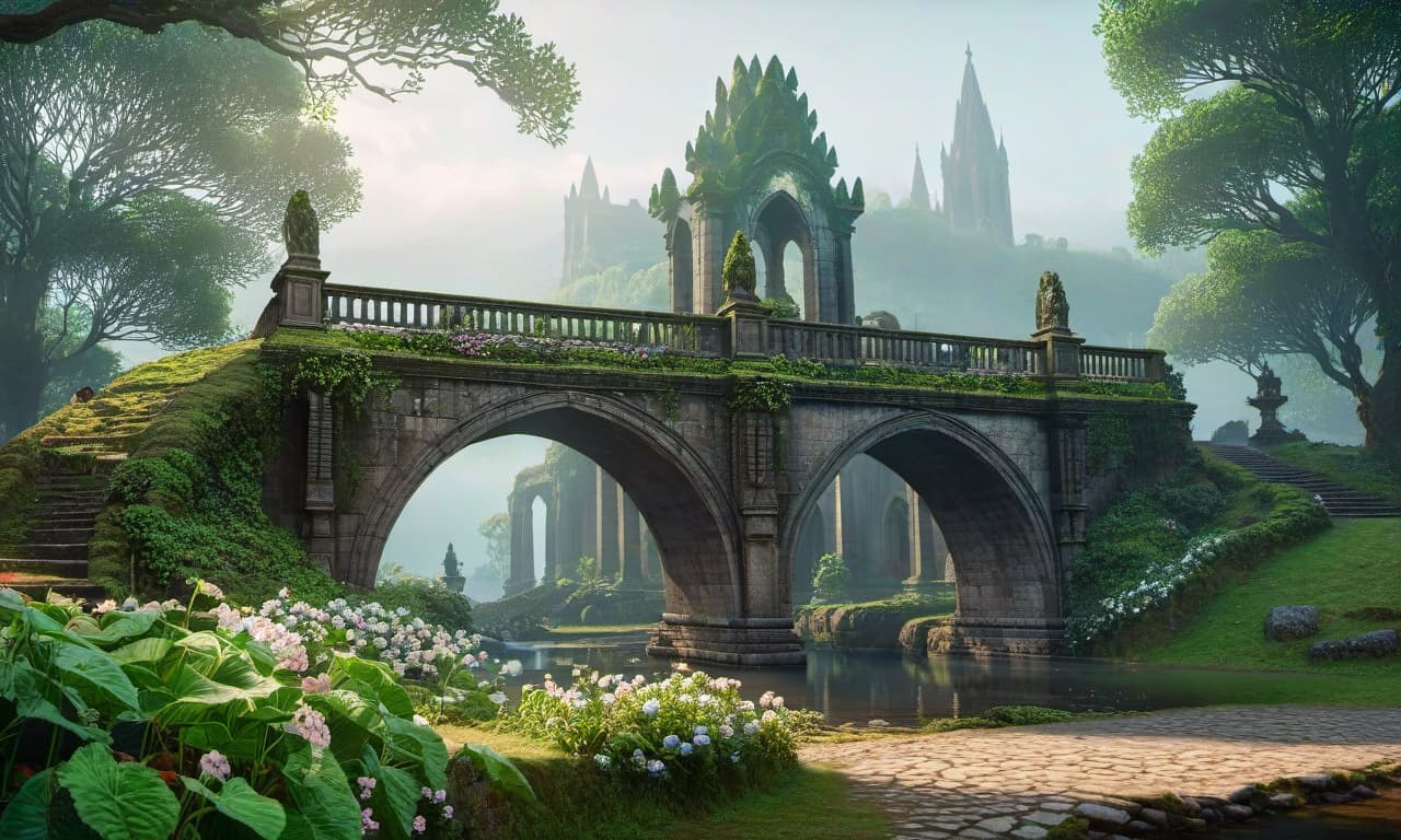  concept art fontein and sculpture of a ancient temple with a bridge, gothic architecture, mose, ivy, flowers, fog, Dave Rapoza, wide shot, cenital, hyper realistic, 4k resolution, artwork, digital art, cinematic, intrincate, wide shot, bokeh, light shaft cinematic atmosphere, ultra high res, (photorealistic, realistic:1.2), deep shadow, raw photo, film grain, Fujifilm XT3, 8k uhd, dslrThe technique of painting is simple, cinematic. ethereal lights, mysterious and alluring atmosphere, trending on art galleries specializing in fantasy art. extremely detailed, fantasy art style, dark colours, symmetrical, random perspective, (High detail: 1.2), hdr, computer graphics, (complex detail: 1.1), best quality, (artstation: 1.3), (epic fantasy: 1.1 ) hyperrealistic, full body, detailed clothing, highly detailed, cinematic lighting, stunningly beautiful, intricate, sharp focus, f/1. 8, 85mm, (centered image composition), (professionally color graded), ((bright soft diffused light)), volumetric fog, trending on instagram, trending on tumblr, HDR 4K, 8K