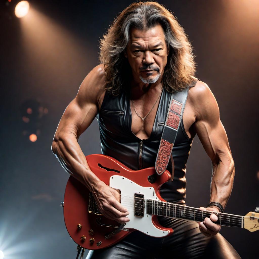  Create an artistic portrait of Eddie Van Halen, the legendary guitarist known for his iconic guitar solos and innovative techniques. Capture his dynamic stage presence and passion for music in the image. hyperrealistic, full body, detailed clothing, highly detailed, cinematic lighting, stunningly beautiful, intricate, sharp focus, f/1. 8, 85mm, (centered image composition), (professionally color graded), ((bright soft diffused light)), volumetric fog, trending on instagram, trending on tumblr, HDR 4K, 8K