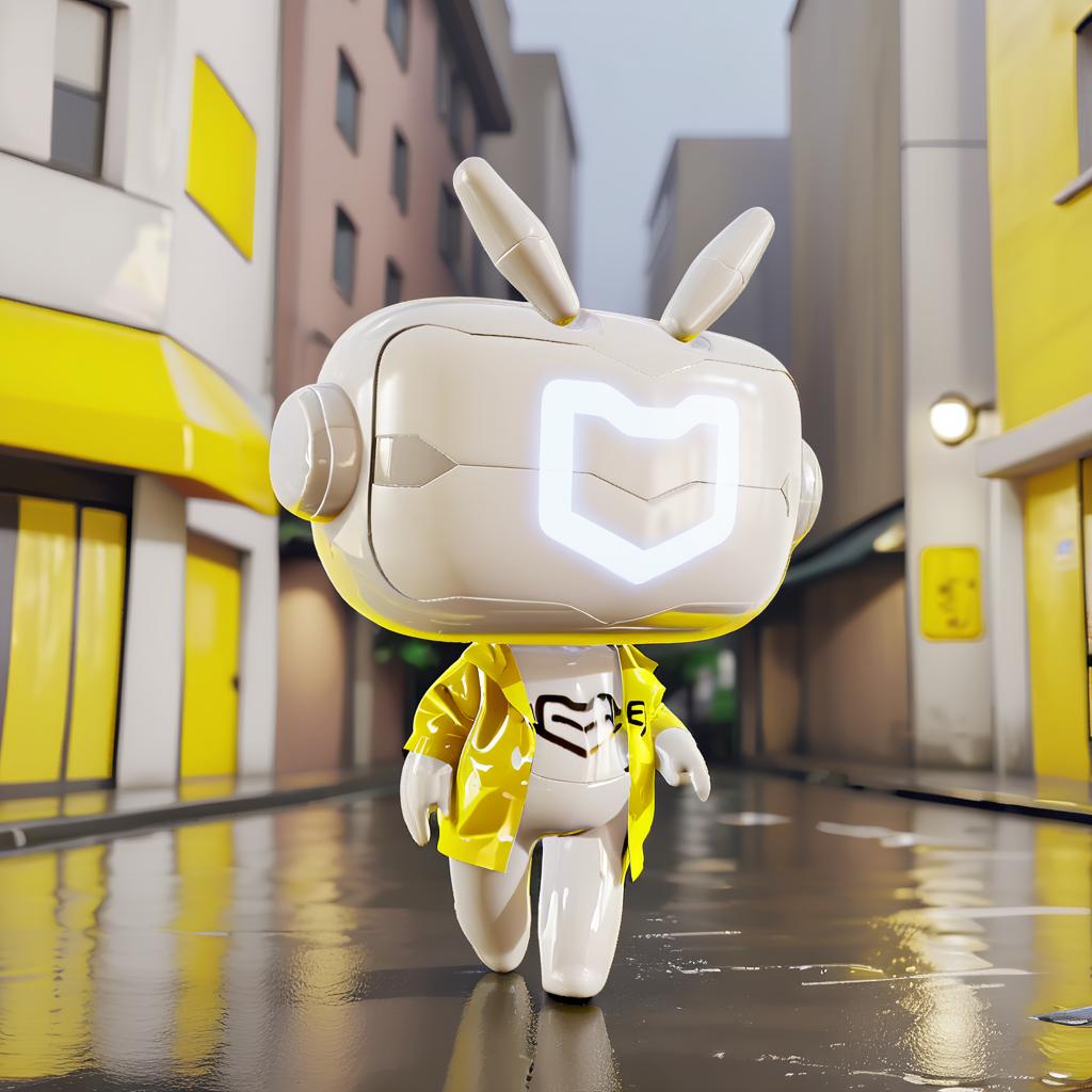  anxiaozhi,a cute white robot with white mask wear a yellow raincoat,on the rainning cyberpunk street in evening.