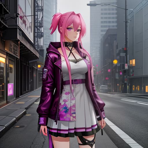  A manga girl with pink hair and purple eyes, dressed in grunge style, thoughtfully listens to post punk music, looking into the distance. hyperrealistic, full body, detailed clothing, highly detailed, cinematic lighting, stunningly beautiful, intricate, sharp focus, f/1. 8, 85mm, (centered image composition), (professionally color graded), ((bright soft diffused light)), volumetric fog, trending on instagram, trending on tumblr, HDR 4K, 8K