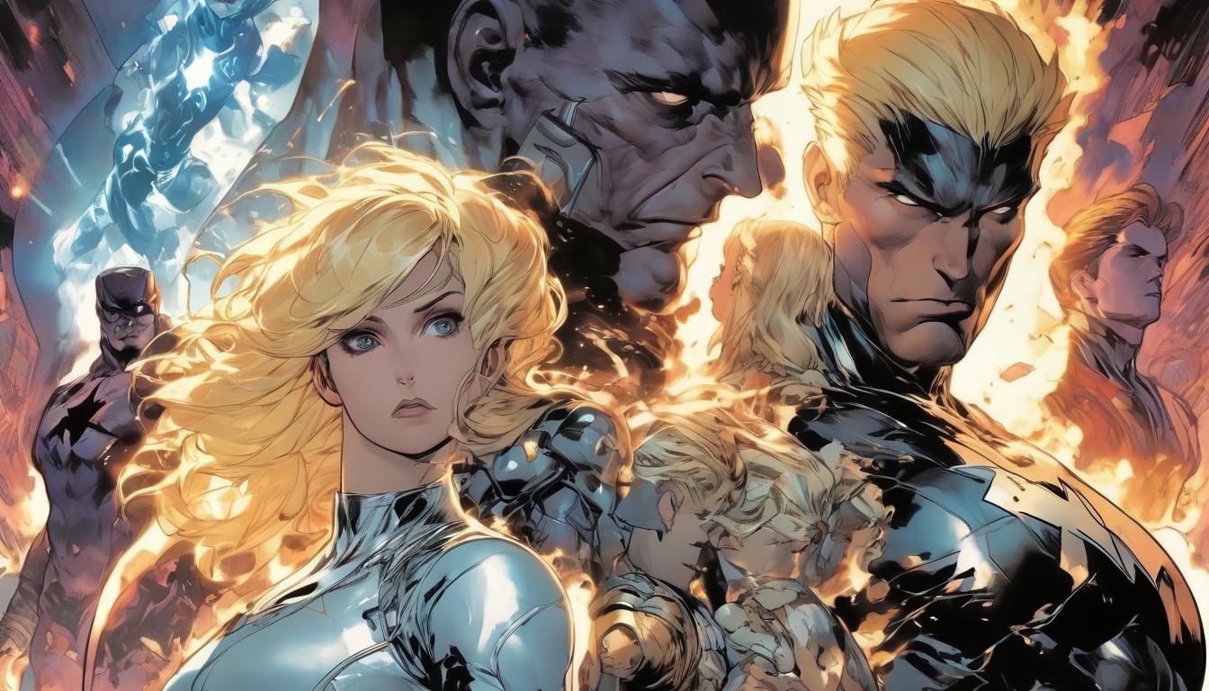  hyperrealism,fantasy aesthetic1man1woman, large busted attractive blonde arian female humanoid and handsome male humanoid, stressed expressions, abstract backdrop of stress symbols, high tech clothing clad in sleek, futuristic costume with metallic accents and form fitting designs, marvel superhero comics style, unreal engine rendering