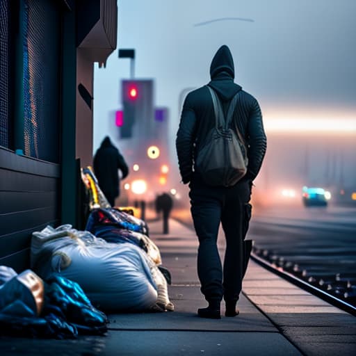 estilovintedois photo about homeless Cinematic Quality hyperrealistic, full body, detailed clothing, highly detailed, cinematic lighting, stunningly beautiful, intricate, sharp focus, f/1. 8, 85mm, (centered image composition), (professionally color graded), ((bright soft diffused light)), volumetric fog, trending on instagram, trending on tumblr, HDR 4K, 8K