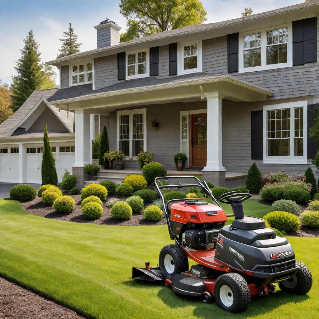  Create a design featuring a sign with the business name 'A1 Property Maintenance Services LLC' in front of a nice home. Include a riding lawnmower with a trailer attached, carrying tools. The scene should convey professionalism and expertise in property maintenance services. hyperrealistic, full body, detailed clothing, highly detailed, cinematic lighting, stunningly beautiful, intricate, sharp focus, f/1. 8, 85mm, (centered image composition), (professionally color graded), ((bright soft diffused light)), volumetric fog, trending on instagram, trending on tumblr, HDR 4K, 8K