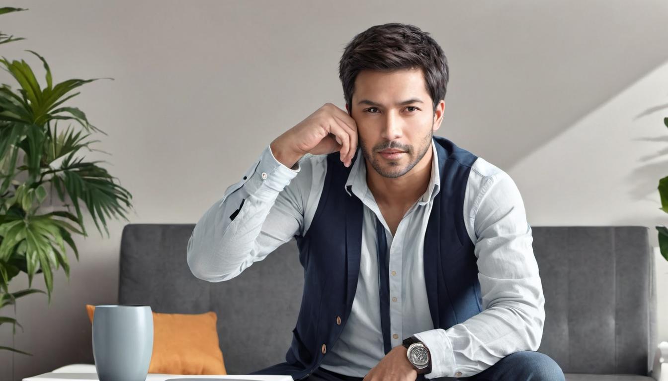  digital illustration, 1man, casual attire, seated on a chair, serious expression, background of neutral toned living room, his hands gesturing as if explaining something, sense of honesty, directness, communication, looking at viewer, dynamic pose, (intricate details, masterpiece, best quality)