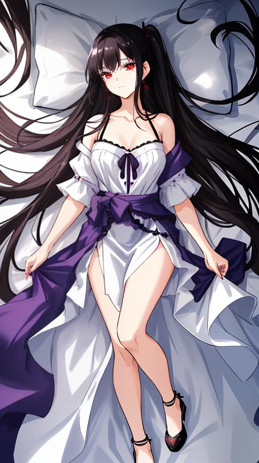  A young with youthful features, long black hair pulled back in two ponytails, and deep red eyes. She has a slender figure with natural proportions. She is wearing a dark purple knee length , loose fitting and slightly flared, made of light fabric with small lace at the edges. The is light purple in color, made of light and airy fabric, with a V neck and short sleeves with small ruffles. light black eyeliner around the eyes, dark purple shadows and a light dark purple lip gloss. The lies on a white sheet, positioned horizontally, creating a feeling of coziness and comfort, with a gentle and caring expression on her face. Full length image. Top view, image for dakimakura, one character, lying horizontally on a white shee hyperrealistic, full body, detailed clothing, highly detailed, cinematic lighting, stunningly beautiful, intricate, sharp focus, f/1. 8, 85mm, (centered image composition), (professionally color graded), ((bright soft diffused light)), volumetric fog, trending on instagram, trending on tumblr, HDR 4K, 8K