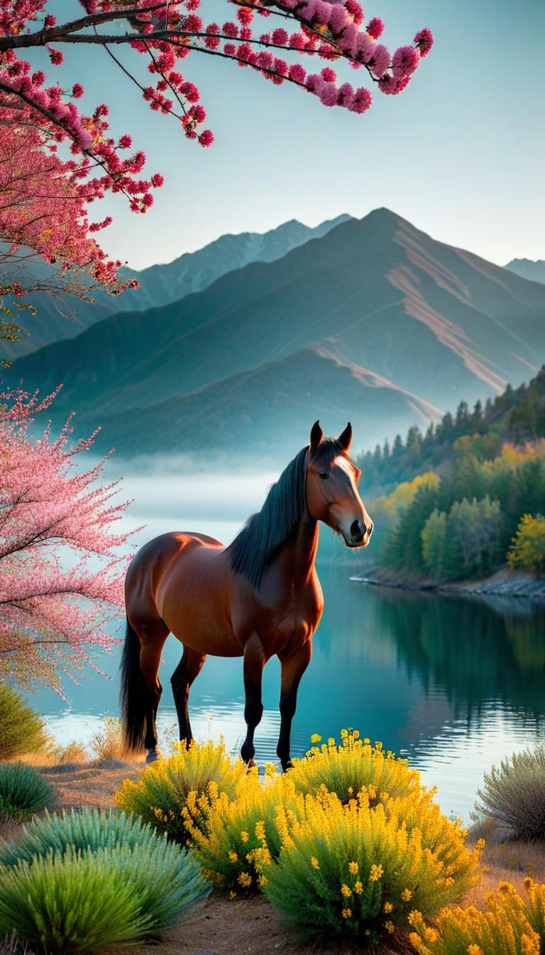  Professional 3D model of A stately, wonderful horse stands looking out over a beautiful lake. The horse stands on a mountain and is surrounded by small flowers and bushes. . Rendered with Octane, the model is highly detailed,dramatic lighting. hyperrealistic, full body, detailed clothing, highly detailed, cinematic lighting, stunningly beautiful, intricate, sharp focus, f/1. 8, 85mm, (centered image composition), (professionally color graded), ((bright soft diffused light)), volumetric fog, trending on instagram, trending on tumblr, HDR 4K, 8K