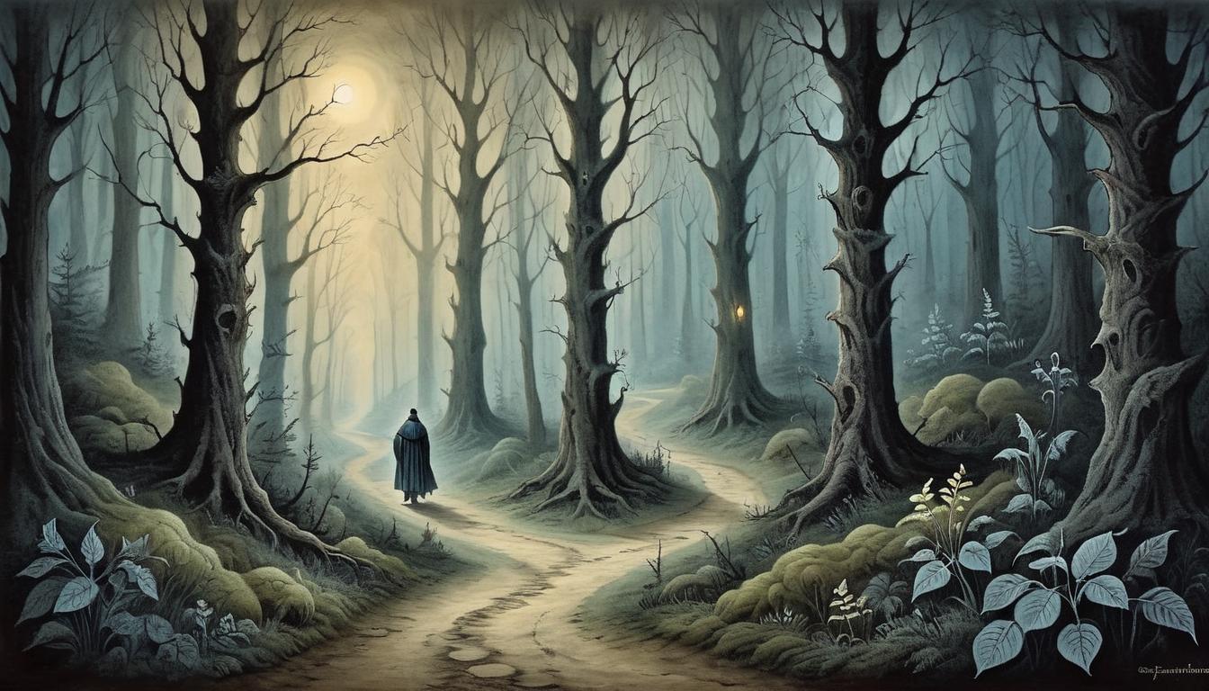  on parchment, surrealism+++, A path through a dark forest, illuminated by soft, divine light, guiding, spiritual journey(mysterious, provocative, symbolic,muted color)+++