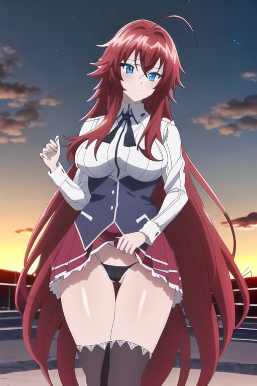  ,cameltoe,age,high definition,realistic,anime style.,masterpiece, best quality, 1women, long red hair, looking at viewer, :3, cute, black uniform, outdoors, streets, cowboy shot, curvy, (((blue eyes))), rias gremory, red hair, antenna hair, wavy hair, ((beautiful detailed eyes, beautiful detailed glow, lots of glow)), anime screencap,Sunset, sunset behind her, sunset background, masterpiece, best quality, high quality, solo