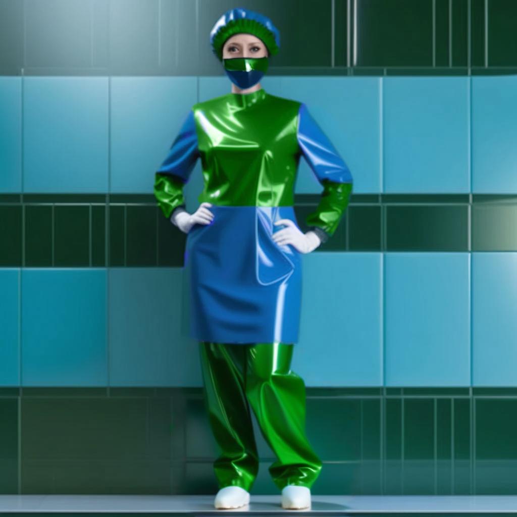  legs together, operating room shoes, identical high surgical shoe covers, knee high, with elastic cuffs up shoe covers, (the lower half from sole to ankle, from glossy latex dark green:1.3), (the upper half from ankle to knee, from glossy latex dark blue:1.5), (flat soled, without heels:1.2), front view, full face, full length hyperrealistic, full body, detailed clothing, highly detailed, cinematic lighting, stunningly beautiful, intricate, sharp focus, f/1. 8, 85mm, (centered image composition), (professionally color graded), ((bright soft diffused light)), volumetric fog, trending on instagram, trending on tumblr, HDR 4K, 8K