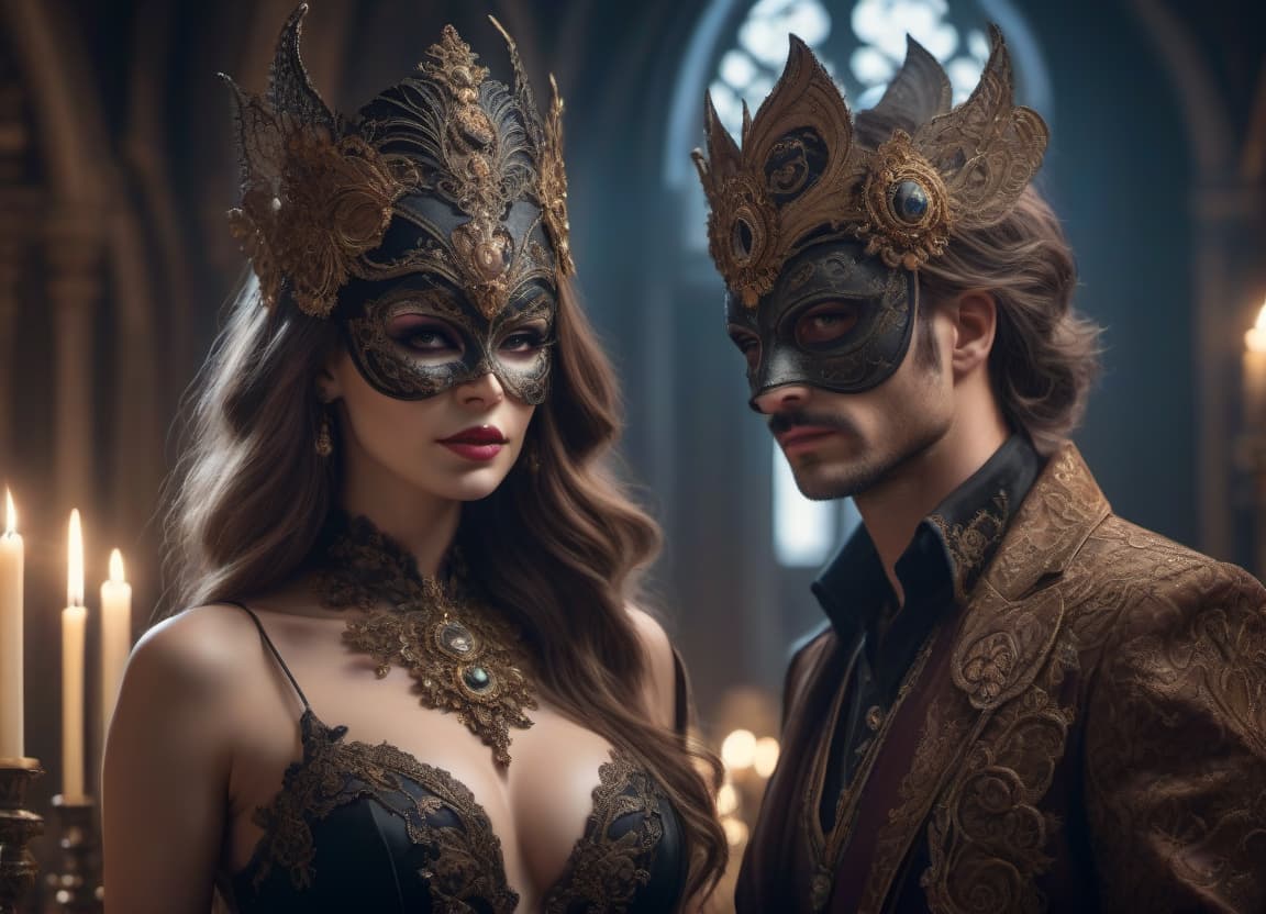  gothic style "Whimsical masquerade ball, with intricate, alluring, unique, creative masks and costumes" "head and shoulders portrait, 8k resolution concept art portrait by Greg Rutkowski, Artgerm, WLOP, Alphonse Mucha dynamic lighting hyperdetailed intricately detailed Splash art trending on Artstation triadic colors Unreal Engine 5 volumetric lighting . dark, mysterious, haunting, dramatic, ornate, detailed hyperrealistic, full body, detailed clothing, highly detailed, cinematic lighting, stunningly beautiful, intricate, sharp focus, f/1. 8, 85mm, (centered image composition), (professionally color graded), ((bright soft diffused light)), volumetric fog, trending on instagram, trending on tumblr, HDR 4K, 8K