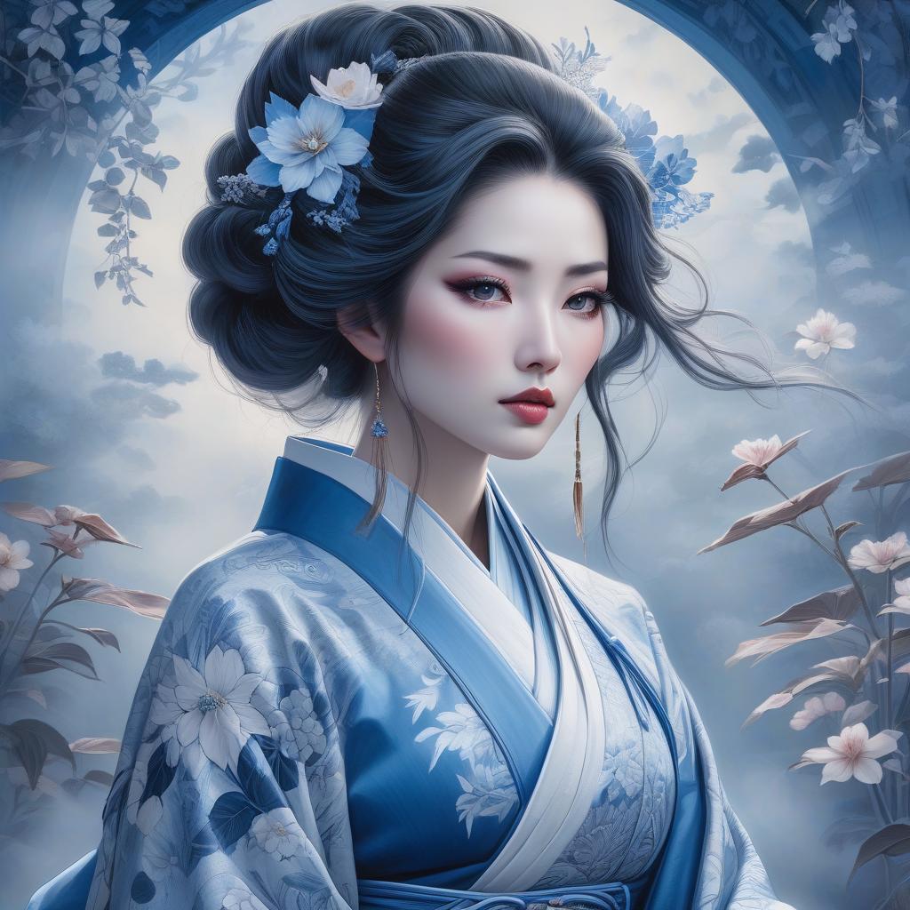  An illustration of a woman with blue tones, detailed floral patterns, and a mystical, ethereal ambiance. Envision a portrait of a Japanese geisha, her countenance tinged with sorrow as a single tear trails from her eye. Her abundant hair frames a face with lips painted a soft blue, while her attire is a complex array of traditional garments. The portrait, reminiscent of Anne Stokes' work, is rendered in a whimsical Zentangle style, boasting an intricate cyanotype design that seems to lift from the canvas in a 3D embossed effect. The color palette is a harmonious blend of delft blue and white, enriched with subtle touches of ginger brown and light pink. This piece is a fantasy encapsulated in an 8k resolution masterpiece, a high definition  hyperrealistic, full body, detailed clothing, highly detailed, cinematic lighting, stunningly beautiful, intricate, sharp focus, f/1. 8, 85mm, (centered image composition), (professionally color graded), ((bright soft diffused light)), volumetric fog, trending on instagram, trending on tumblr, HDR 4K, 8K