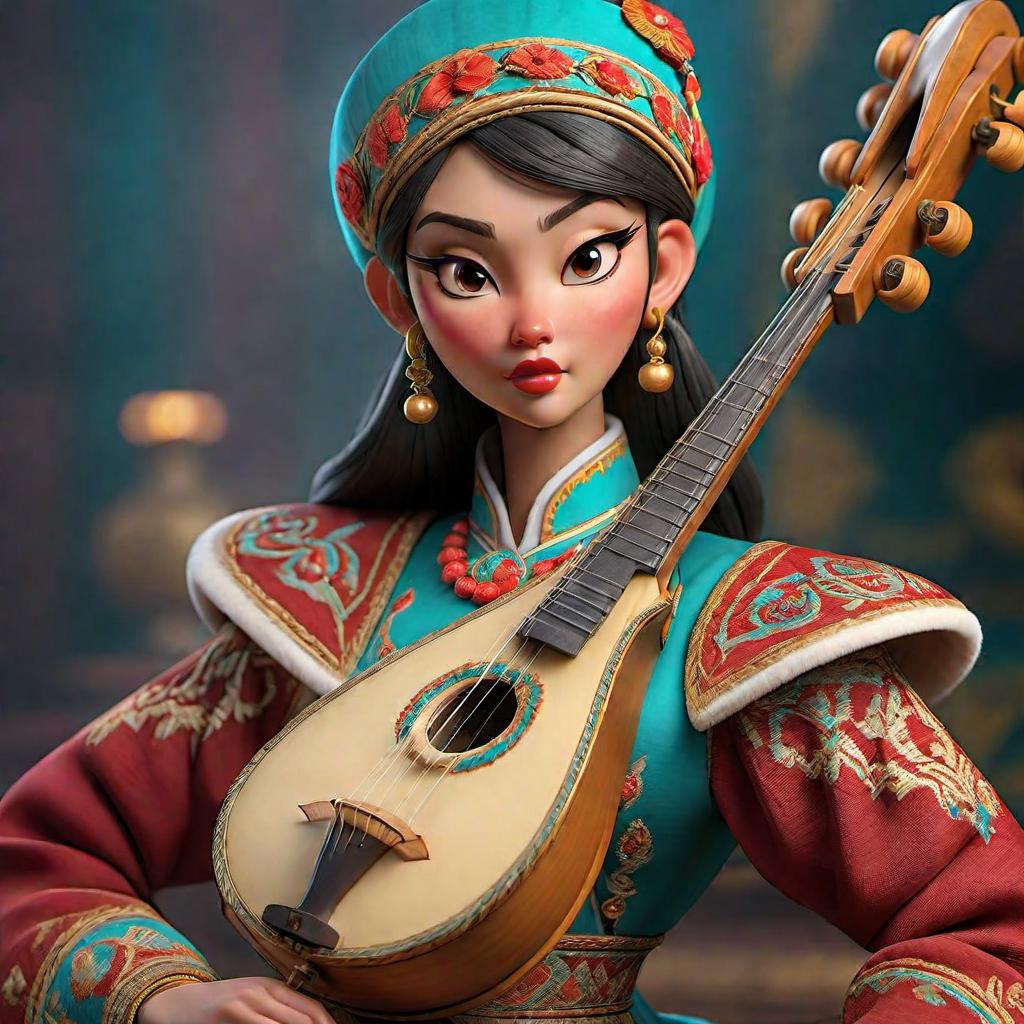 Kazakh musical instrument dombra hyperrealistic, full body, detailed clothing, highly detailed, cinematic lighting, stunningly beautiful, intricate, sharp focus, f/1. 8, 85mm, (centered image composition), (professionally color graded), ((bright soft diffused light)), volumetric fog, trending on instagram, trending on tumblr, HDR 4K, 8K