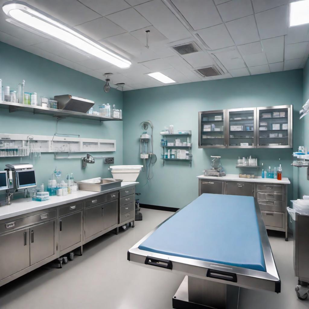  The interior of a small autopsy room. The space is designed for functionality, with a stainless steel autopsy table in the center. Overhead surgical lights are positioned above the table to provide bright illumination. There are various medical tools and instruments arranged neatly on trays nearby. The walls are tiled for easy cleaning, and there is an industrial sink in one corner. Cabinets and shelves line the walls, containing medical supplies and equipment. The room has a cold, clinical feel, with an emphasis on cleanliness and efficiency. hyperrealistic, full body, detailed clothing, highly detailed, cinematic lighting, stunningly beautiful, intricate, sharp focus, f/1. 8, 85mm, (centered image composition), (professionally color graded), ((bright soft diffused light)), volumetric fog, trending on instagram, trending on tumblr, HDR 4K, 8K