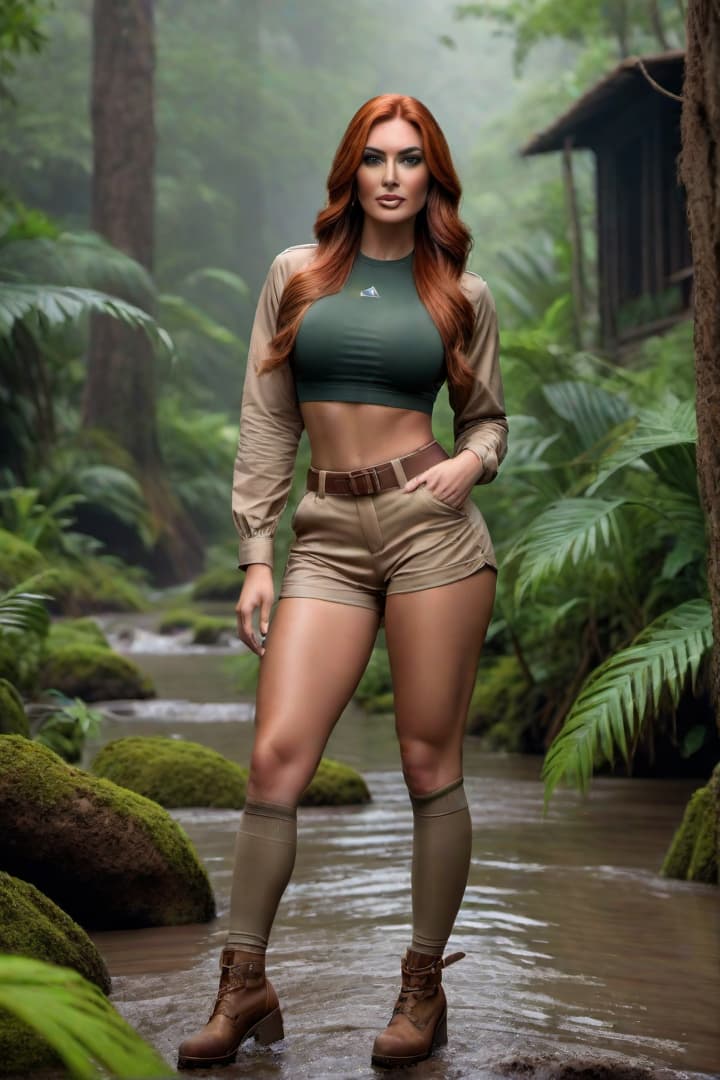  1930’s era young female,auburn haired,jungle explorer ,,wearing her khaki shorts and shirt with khaki knee socks ,standing waist high in deep mud hyperrealistic, full body, detailed clothing, highly detailed, cinematic lighting, stunningly beautiful, intricate, sharp focus, f/1. 8, 85mm, (centered image composition), (professionally color graded), ((bright soft diffused light)), volumetric fog, trending on instagram, trending on tumblr, HDR 4K, 8K