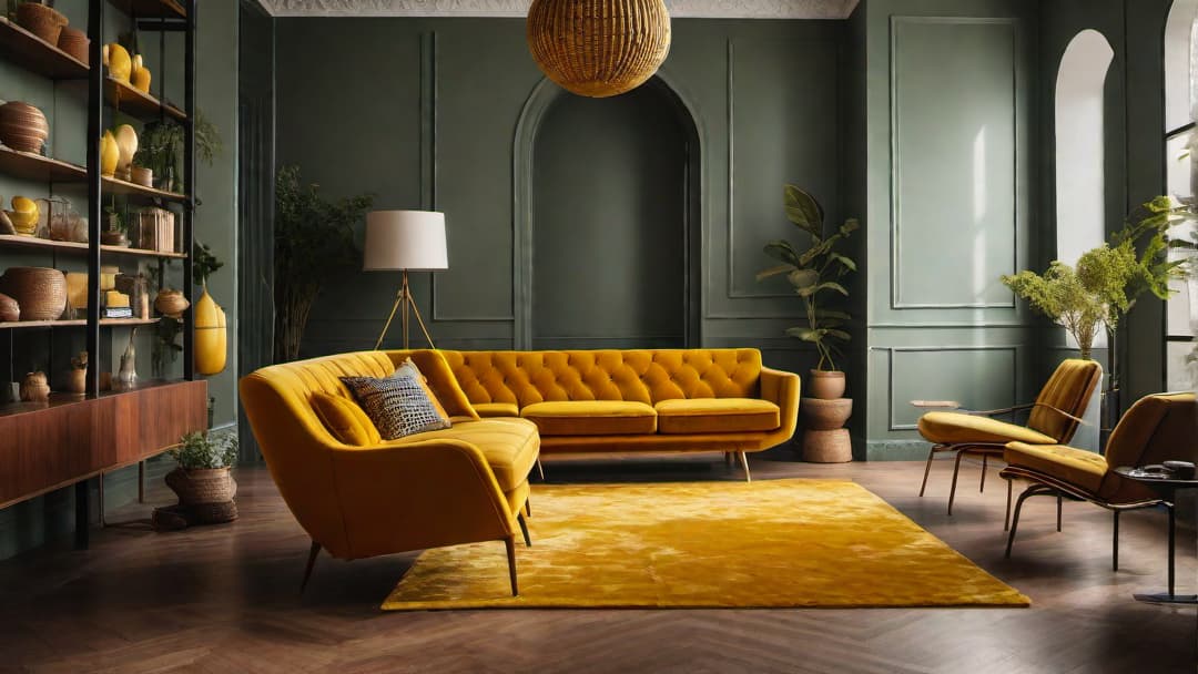  Generate an image of a stylish, retro living room featuring iconic statement furniture pieces from the 1960s and 1970s. Include a striking orange velvet sofa, a funky egg chair in a bold pattern, a shag carpet in earthy tones, and a sleek arc floor lamp. Emphasize the retro color palette of burnt orange, avocado green, and mustard yellow. additional guidelines  hyperrealistic, full body, detailed clothing, highly detailed, cinematic lighting, stunningly beautiful, intricate, sharp focus, f/1. 8, 85mm, (centered image composition), (professionally color graded), ((bright soft diffused light)), volumetric fog, trending on instagram, trending on tumblr, HDR 4K, 8K