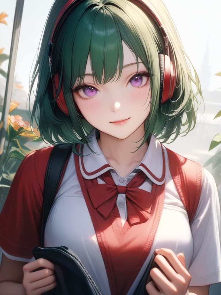  1girl,18yo,green hair,short hair,purple eyes,headphone,summer school uniform,satsuki flower,hold a bundle,light smile,realistic, masterpiece, best quality,8k,ultra detailed,high resolution,an extremely delicate and beautiful,hyper detail