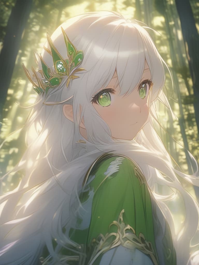  White hair,elf,blushing,maiden in love,love,cute,beautiful girl,gr crown,gr attribute,in the forest,green eyes,green robe,wide open eyes,sweat,flushed face、ultra detailed,best shadow,cute and beautiful face,(masterpiece:1.2),(best quality:1.2),detailed background,high contrast,(best illumination,an extremely delicate and beautiful),((cinematic light)),hyper detail,dramatic light,intricate details,8k,anime,very aesthetic, masterpiece, best quality,8k,ultra detailed,high resolution,an extremely delicate and beautiful,hyper detail