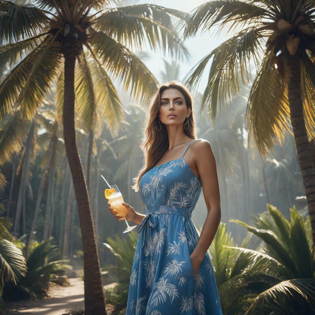  a woman stands tall in a blue sundress, leans against a palm tree and drinks from coconut hyperrealistic, full body, detailed clothing, highly detailed, cinematic lighting, stunningly beautiful, intricate, sharp focus, f/1. 8, 85mm, (centered image composition), (professionally color graded), ((bright soft diffused light)), volumetric fog, trending on instagram, trending on tumblr, HDR 4K, 8K