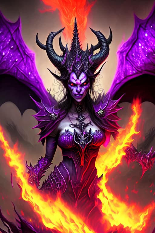  Purple demon queen with red eyes, horns and fairy wings in flames