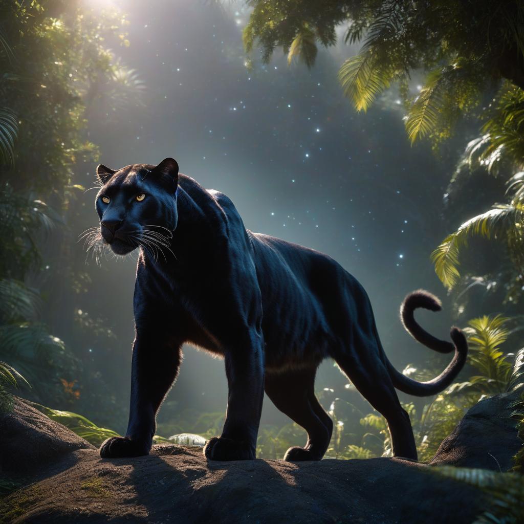  space themed Cartoon, a panther from Kipling's Jungle Book. . cosmic, celestial, stars, galaxies, nebulas, planets, science fiction, highly detailed hyperrealistic, full body, detailed clothing, highly detailed, cinematic lighting, stunningly beautiful, intricate, sharp focus, f/1. 8, 85mm, (centered image composition), (professionally color graded), ((bright soft diffused light)), volumetric fog, trending on instagram, trending on tumblr, HDR 4K, 8K