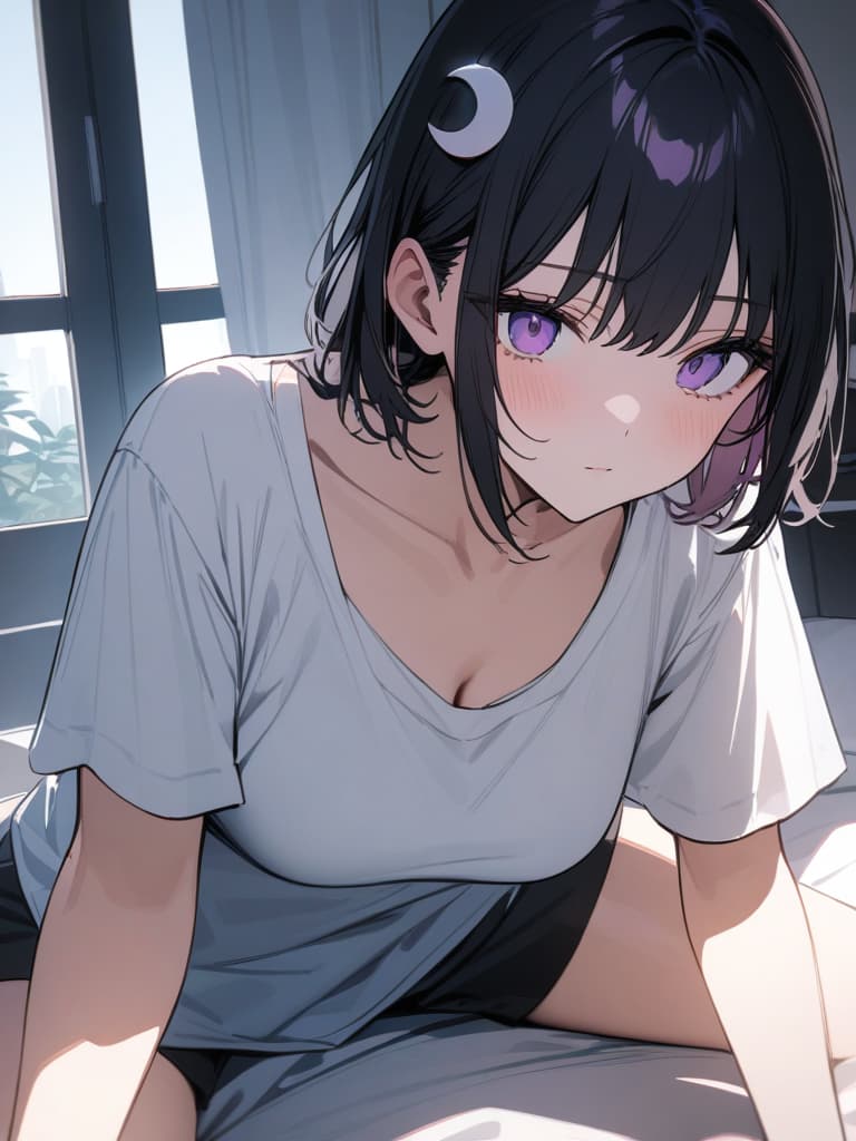  Expressionless,Sitting,leaning forward,white shirt T shirt,shorts,in a room,on a bed,cool girl,Black hair,(purple eyes),short,cropped hair,crescent moon hair ornament,, masterpiece, best quality,8k,ultra detailed,high resolution,an extremely delicate and beautiful,hyper detail