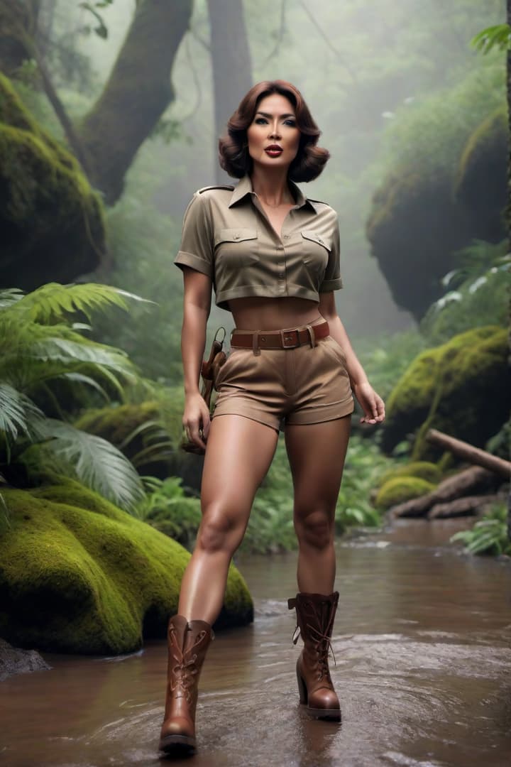  Show a scared and screaming 1930’s era Asian female jungle explorer ,Velma ,wearing khaki shorts and khaki shirt with khaki knee socks,sinking waist high in deep mud hyperrealistic, full body, detailed clothing, highly detailed, cinematic lighting, stunningly beautiful, intricate, sharp focus, f/1. 8, 85mm, (centered image composition), (professionally color graded), ((bright soft diffused light)), volumetric fog, trending on instagram, trending on tumblr, HDR 4K, 8K