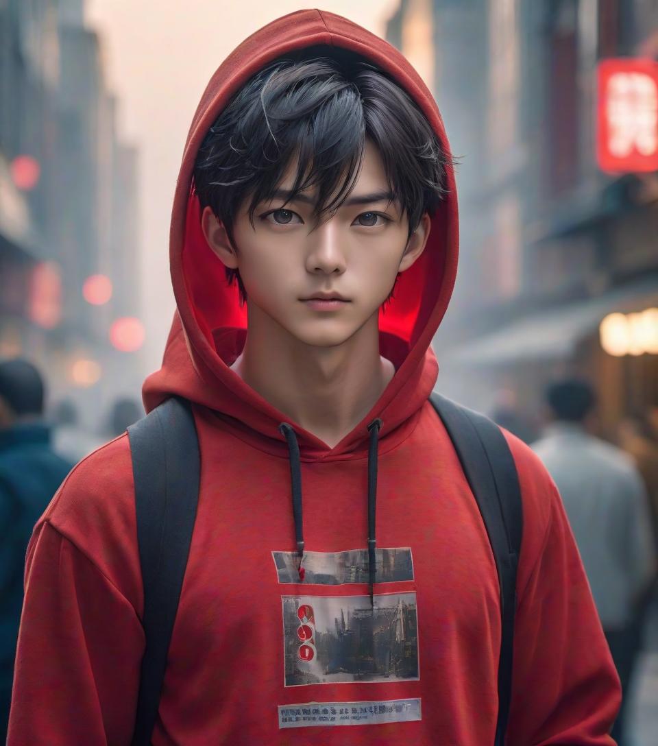  cinematic photo A young guy who looks like Atsushi Shiramata on a blurred background, wearing a red hoodie . 35mm photograph, film, bokeh, professional, 4k, highly detailed hyperrealistic, full body, detailed clothing, highly detailed, cinematic lighting, stunningly beautiful, intricate, sharp focus, f/1. 8, 85mm, (centered image composition), (professionally color graded), ((bright soft diffused light)), volumetric fog, trending on instagram, trending on tumblr, HDR 4K, 8K