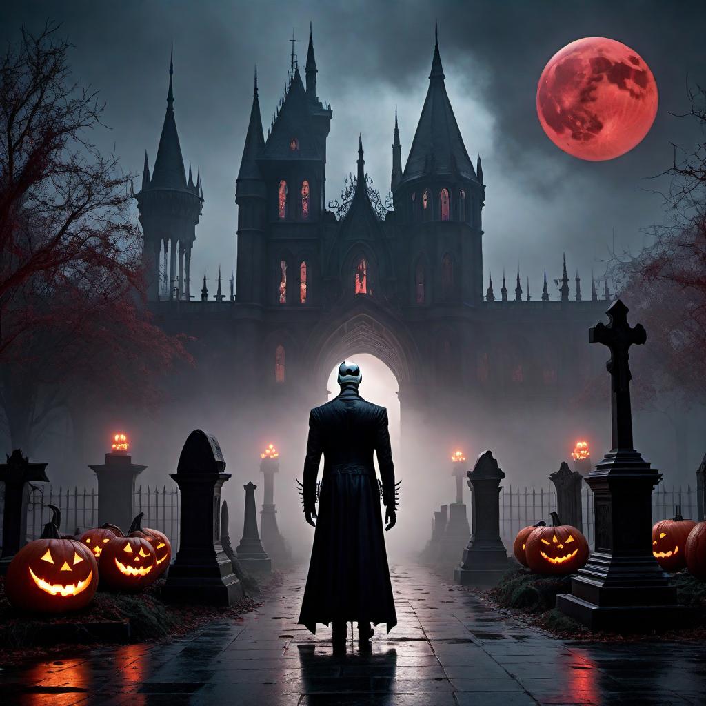  Merging the themes of Arkham Asylum and 'The Nightmare Before Christmas' into an evil nightmare. The setting is a dark, twisted asylum with Gothic architecture, surrounded by eerie, twisted trees under a blood-red moon. The asylum is filled with ghostly pumpkins and creepy gravestones. Jack Skellington, appearing more sinister with glowing red eyes and sharper features, roams the halls alongside ghostly, shadowy figures and classic Batman villains like the Joker and Harley Quinn in a nightmarish form. The atmosphere is haunting, filled with fog and dark, foreboding hues - blacks, deep reds, and ghostly greys. hyperrealistic, full body, detailed clothing, highly detailed, cinematic lighting, stunningly beautiful, intricate, sharp focus, f/1. 8, 85mm, (centered image composition), (professionally color graded), ((bright soft diffused light)), volumetric fog, trending on instagram, trending on tumblr, HDR 4K, 8K