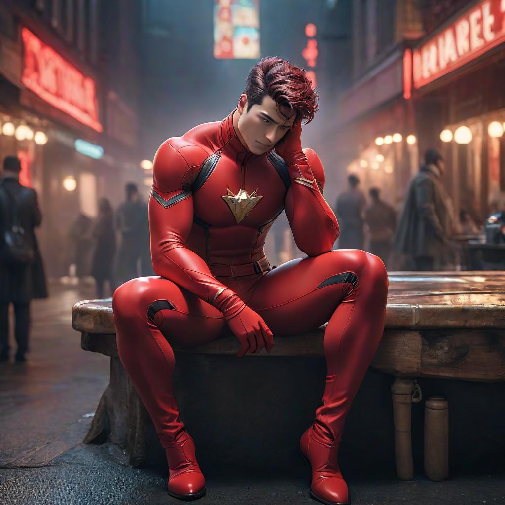  ashamed embarrassed man hero in red tight suit hands on cheeks hyperrealistic, full body, detailed clothing, highly detailed, cinematic lighting, stunningly beautiful, intricate, sharp focus, f/1. 8, 85mm, (centered image composition), (professionally color graded), ((bright soft diffused light)), volumetric fog, trending on instagram, trending on tumblr, HDR 4K, 8K