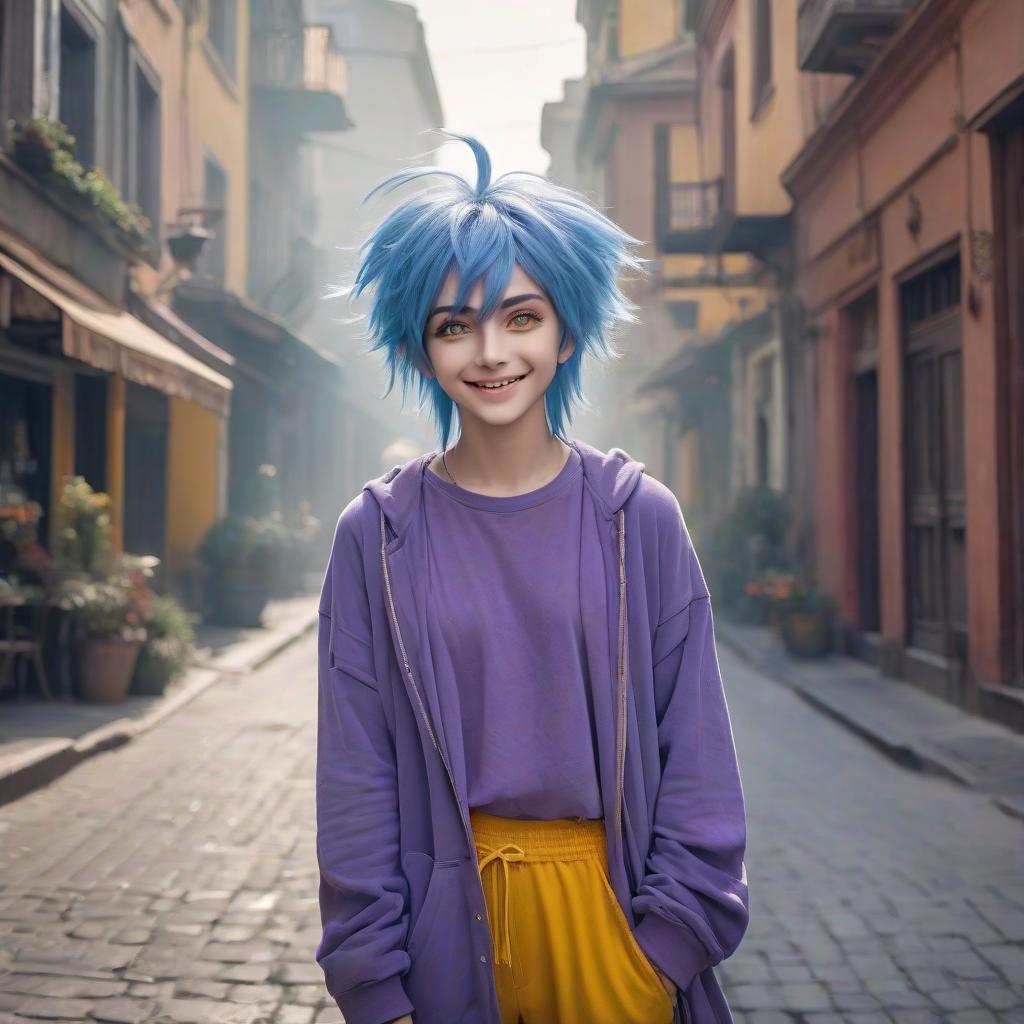  cinematic photo A boy with blue hair in a long tail, yellow eyes, and a crazy smile, wears purple clothes. . 35mm photograph, film, bokeh, professional, 4k, highly detailed hyperrealistic, full body, detailed clothing, highly detailed, cinematic lighting, stunningly beautiful, intricate, sharp focus, f/1. 8, 85mm, (centered image composition), (professionally color graded), ((bright soft diffused light)), volumetric fog, trending on instagram, trending on tumblr, HDR 4K, 8K