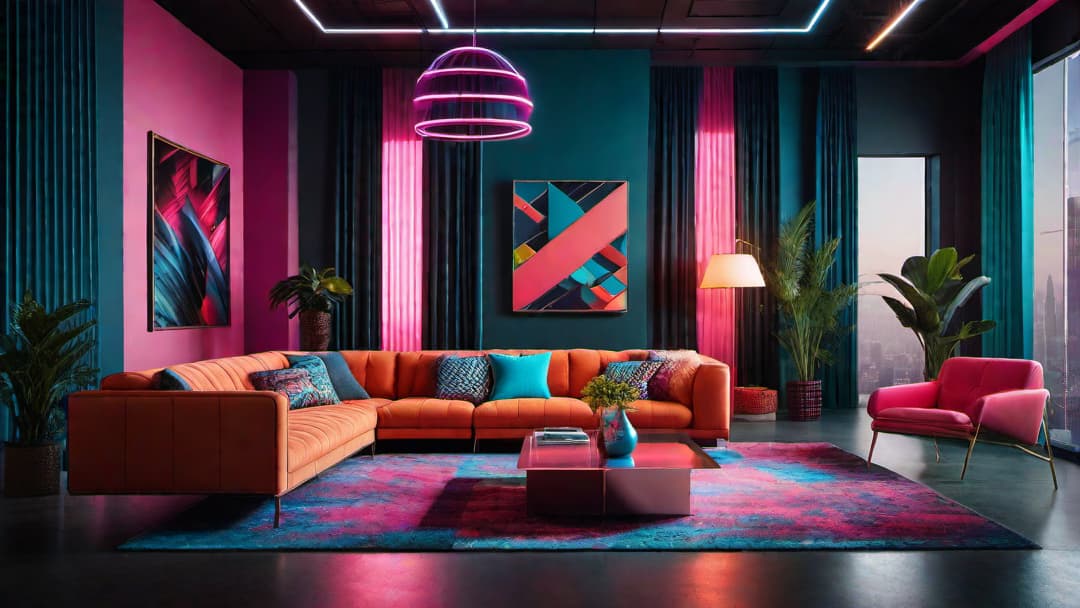  Create an image of an energetic 80s retro living room with bold colors and geometric patterns. Include a neon geometric mural on one wall as a dynamic focal point, surrounded by bright neon lights. Incorporate plush velvet sofas, metallic accents, vibrant shag carpets, and funky wall art to enhance the retro vibe. The atmosphere should be fun, inviting, and nostalgic, capturing the essence of 80s interior design. hyperrealistic, full body, detailed clothing, highly detailed, cinematic lighting, stunningly beautiful, intricate, sharp focus, f/1. 8, 85mm, (centered image composition), (professionally color graded), ((bright soft diffused light)), volumetric fog, trending on instagram, trending on tumblr, HDR 4K, 8K