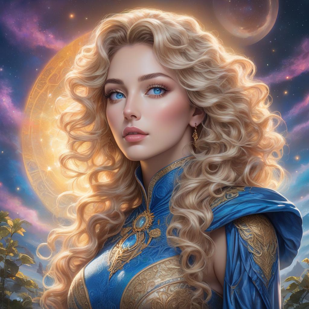  concept art A digital portrait of a woman with curly blond hair, blue eyes, and a celestial background. Create a vintage Aquarell im Stil von Josephine Wall, Tomasz Allen Kopera, Dariusz Zawadzki, Andreja Peklar, Ivan Shiskine ,a fantasy style portrait of a young woman with long, wavy ash blond hair, featuring subtle brown highlights. Her complexion is fair with a warm undertone. She has large, round, hazel eyes with visible eyelashes and well groomed, arched eyebrows. Her lips are full with a slight peach tint, accompanying a small, straight nose and a softly contoured face with prominent cheekbones, gently flushed cheeks, and a delicate chin. Modifiers: . digital artwork, illustrative, painterly, matte painting, highly detailed hyperrealistic, full body, detailed clothing, highly detailed, cinematic lighting, stunningly beautiful, intricate, sharp focus, f/1. 8, 85mm, (centered image composition), (professionally color graded), ((bright soft diffused light)), volumetric fog, trending on instagram, trending on tumblr, HDR 4K, 8K