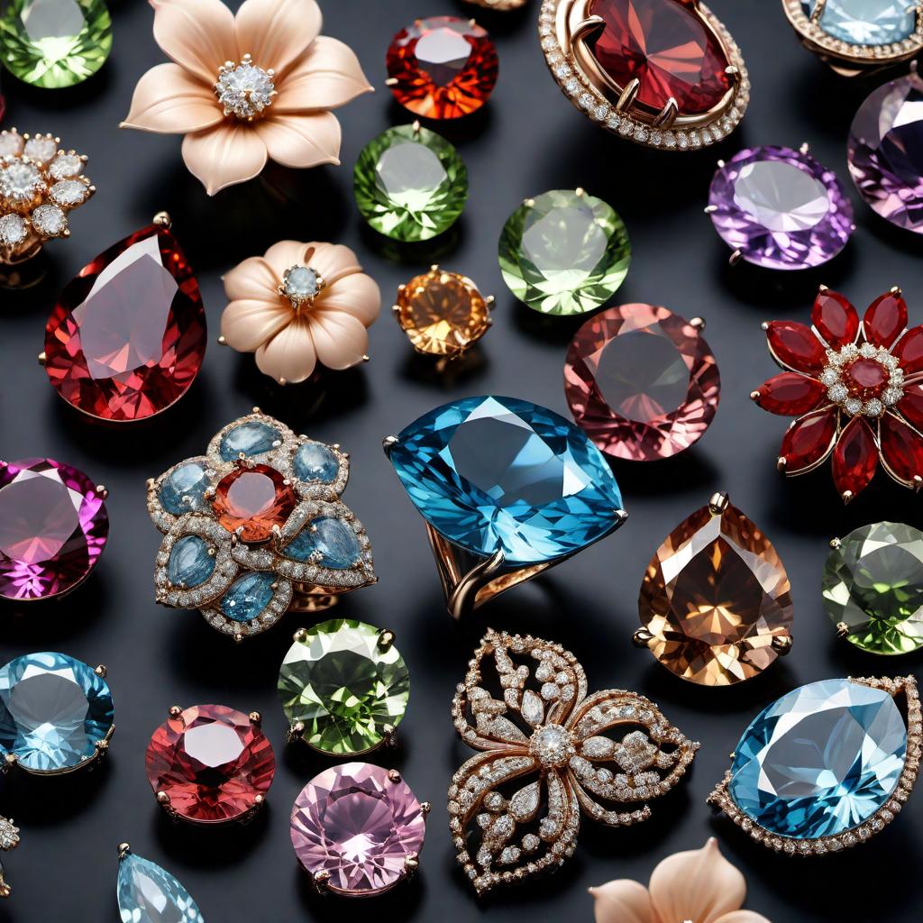  flower-shaped stone settings using round cut, trillion cut, and marquise cut gemstones hyperrealistic, full body, detailed clothing, highly detailed, cinematic lighting, stunningly beautiful, intricate, sharp focus, f/1. 8, 85mm, (centered image composition), (professionally color graded), ((bright soft diffused light)), volumetric fog, trending on instagram, trending on tumblr, HDR 4K, 8K