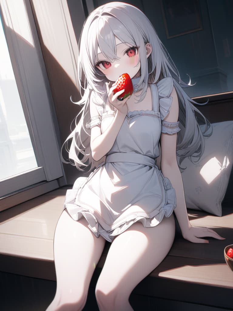  Cute, girl, white skin, fluffy hair, fruit, white hair, red eyes, young face, long hair, thin body, thin body, red and white clothes, frill apron, strawberry eating., masterpiece, best quality,8k,ultra detailed,high resolution,an extremely delicate and beautiful,hyper detail