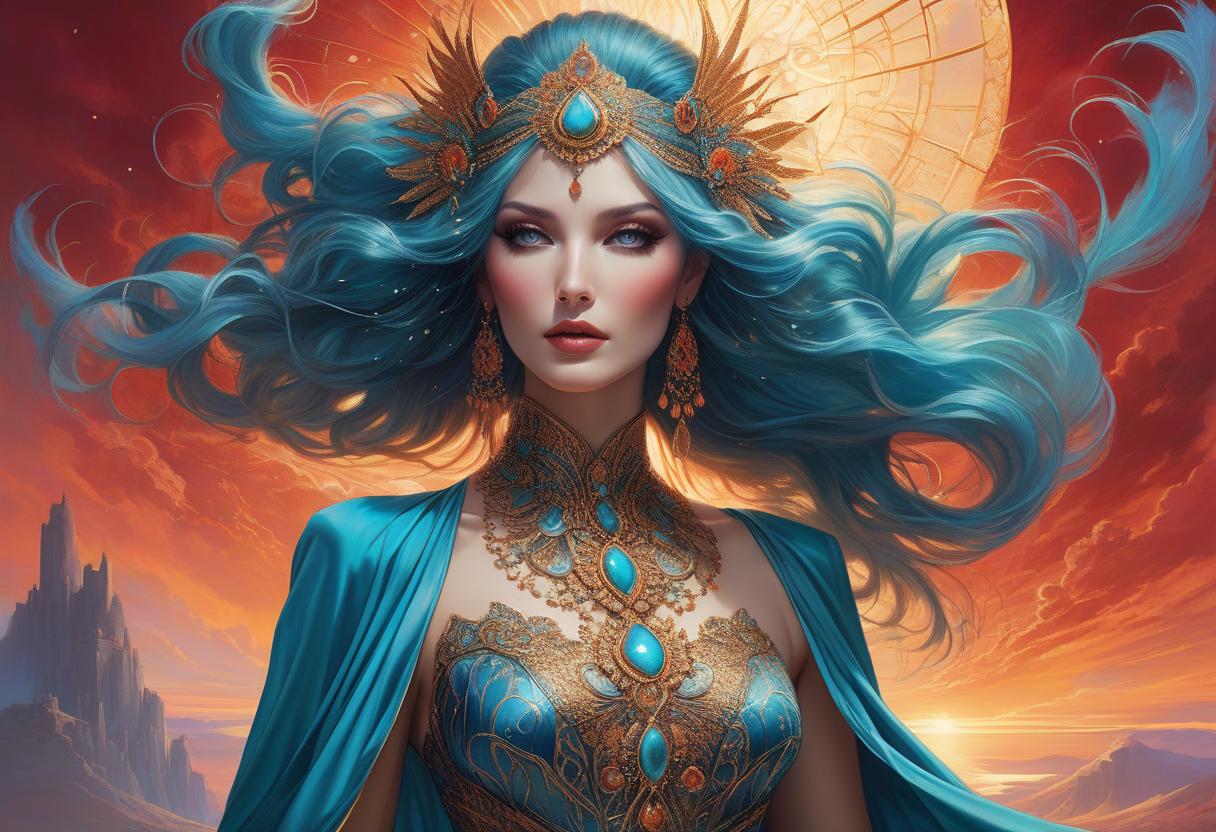  hyperrealistic art Immerse yourself in a mesmerizing and detailed artwork reminiscent of renowned artists. A stunning blend of vibrant colors, intricate patterns, and ethereal beauty set against a magical backdrop. This captivating piece by Karol Bak is a feast for the eyes, rendered in ultra 8K resolution, reflecting the trending style of ARTGERM. In the enchanting style of Anna Silivonchik and Susan Seddon Boulet, infused with the essence of Josephine against a backdrop of a vivid red sunset. Vibrant blues, turquoise, creamy gold hues dominate the scene. Picture an elegant and ethereal setting with a beautifully detailed face, adorned in a volatile dress shimmering with diamonds. Imagine intricate lightning patterns dancing in the sky, em hyperrealistic, full body, detailed clothing, highly detailed, cinematic lighting, stunningly beautiful, intricate, sharp focus, f/1. 8, 85mm, (centered image composition), (professionally color graded), ((bright soft diffused light)), volumetric fog, trending on instagram, trending on tumblr, HDR 4K, 8K