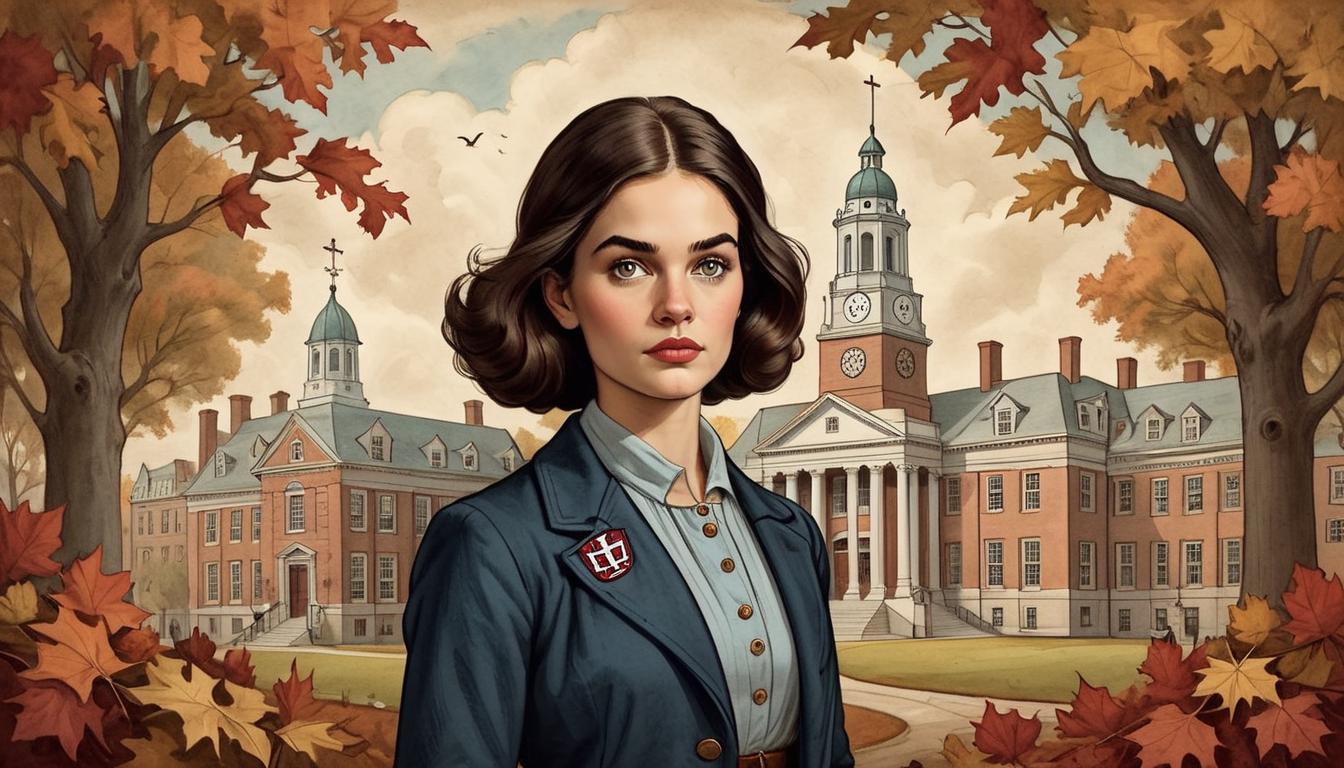  on parchment, surrealism+++, Young woman standing in front of Harvard University's emblem, determined gaze, wearing modest clothing, autumn leaves around, contrast of struggle and achievement(mysterious, provocative, symbolic,muted color)+++