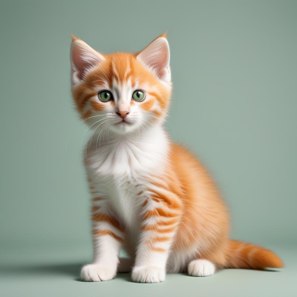  A cute kitten with green eyes and orange fur, sitting happily. The background is simple to keep the focus on the kitten. The kitten has a and friendly expression. hyperrealistic, full body, detailed clothing, highly detailed, cinematic lighting, stunningly beautiful, intricate, sharp focus, f/1. 8, 85mm, (centered image composition), (professionally color graded), ((bright soft diffused light)), volumetric fog, trending on instagram, trending on tumblr, HDR 4K, 8K