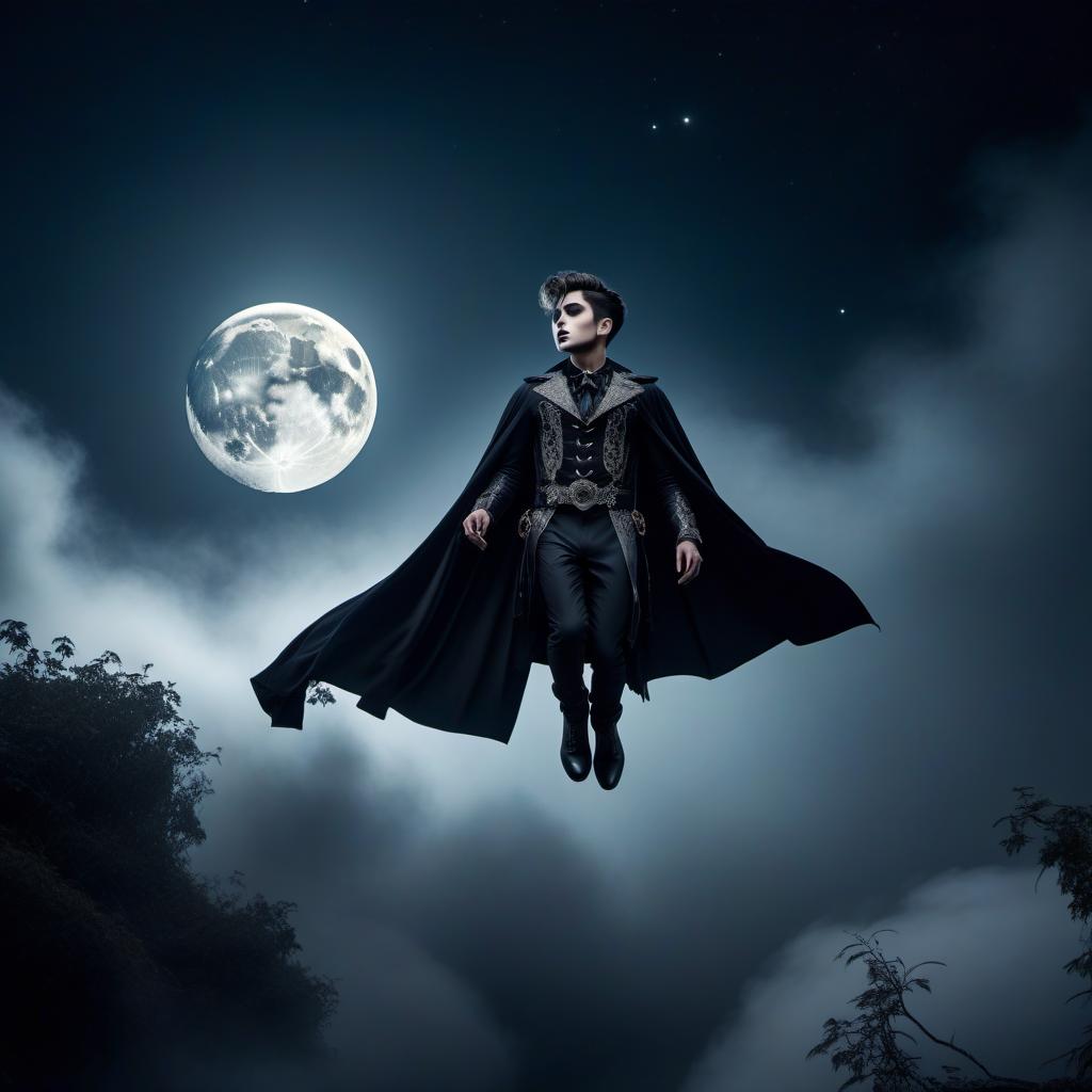  gothic style A boy is falling from the moon. . dark, mysterious, haunting, dramatic, ornate, detailed hyperrealistic, full body, detailed clothing, highly detailed, cinematic lighting, stunningly beautiful, intricate, sharp focus, f/1. 8, 85mm, (centered image composition), (professionally color graded), ((bright soft diffused light)), volumetric fog, trending on instagram, trending on tumblr, HDR 4K, 8K