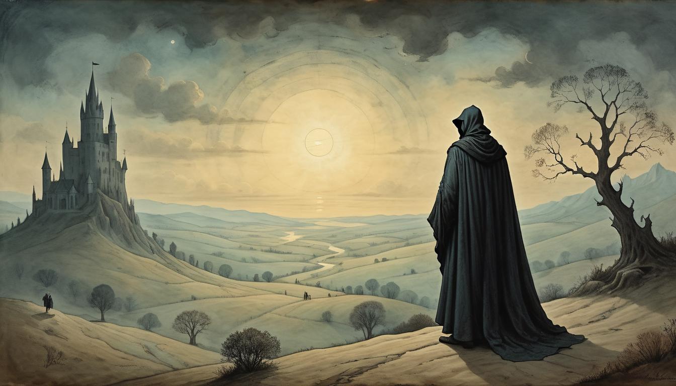  on parchment, surrealism+++, A cloaked figure standing alone atop a hill, figure facing horizon as the first light breaks, surrounding landscape in shadows, quiet strength, profound responsibility, ethereal(mysterious, provocative, symbolic,muted color)+++