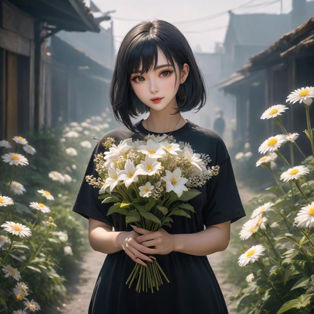  a full length woman with flowers in her hands in a black T shirt hyperrealistic, full body, detailed clothing, highly detailed, cinematic lighting, stunningly beautiful, intricate, sharp focus, f/1. 8, 85mm, (centered image composition), (professionally color graded), ((bright soft diffused light)), volumetric fog, trending on instagram, trending on tumblr, HDR 4K, 8K