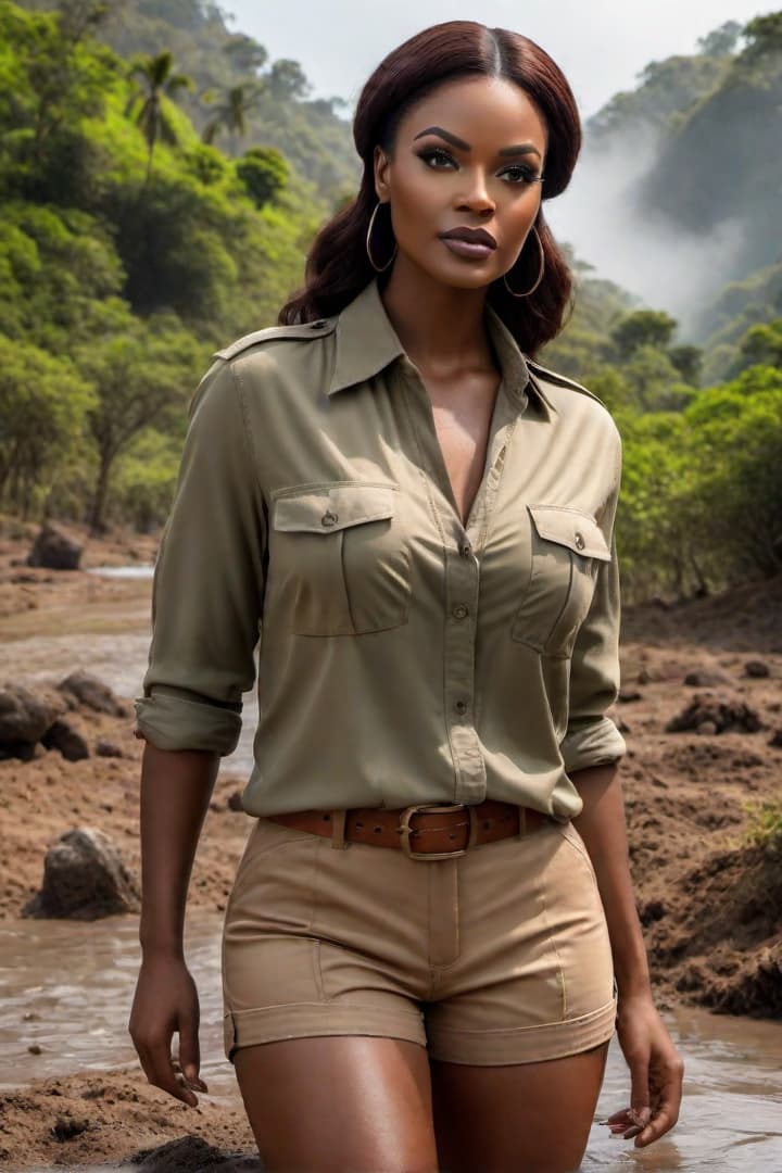  1930’s era young black female,auburn haired,jungle explorer ,Velma, wearing her khaki shorts and shirt with khaki knee socks ,standing waist high in mud hyperrealistic, full body, detailed clothing, highly detailed, cinematic lighting, stunningly beautiful, intricate, sharp focus, f/1. 8, 85mm, (centered image composition), (professionally color graded), ((bright soft diffused light)), volumetric fog, trending on instagram, trending on tumblr, HDR 4K, 8K